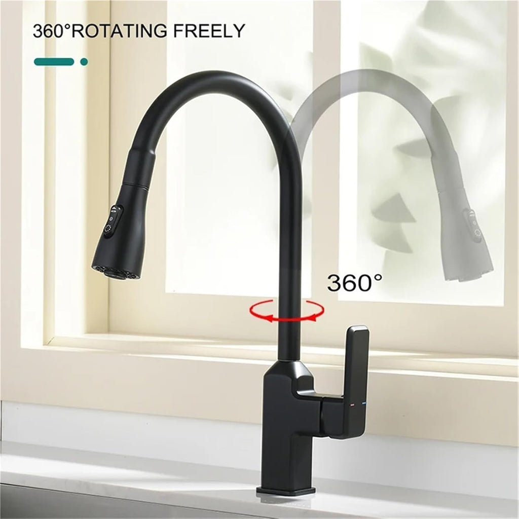 Kitchen Faucet Black Pull Out Deck Mounted 360 Rotation Brass Mixer Hot Cold Water Sink Taps(Black)