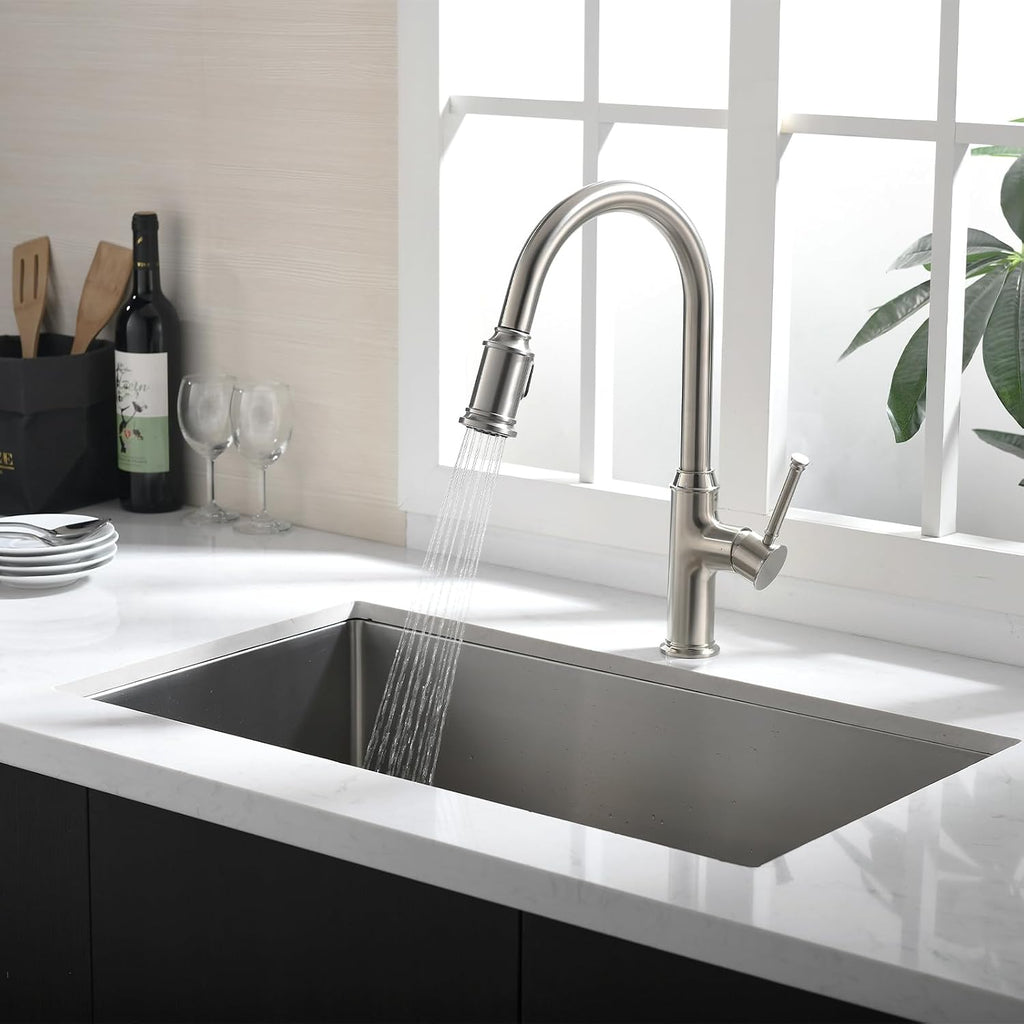 Lava Odoro Curtura Brushed Nickel Kitchen Faucet with Pull Down Sprayer, Brass Kitchen Sink Faucet Single Handle Pull-Down Kitchen Faucet for Sink 1 Hole and 3 Hole, Deck Plate Included, KF421-BN