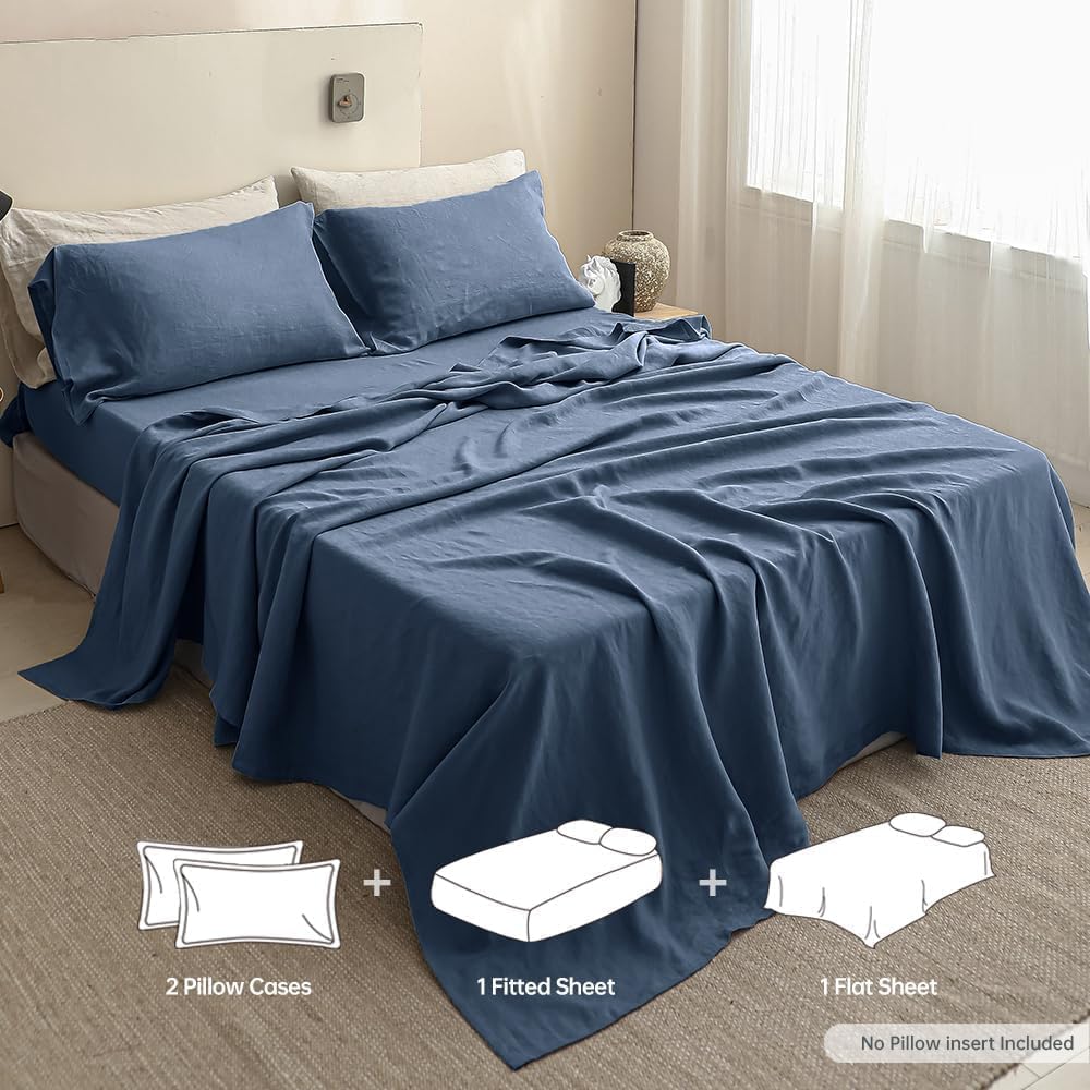 Simple&Opulence 100% Linen Sheets California King Size Set, 4 Pcs Natural French Linen Bed Sheets, Breathable Soft Durable Bedding Set for All Season (Classic Blue, California King)