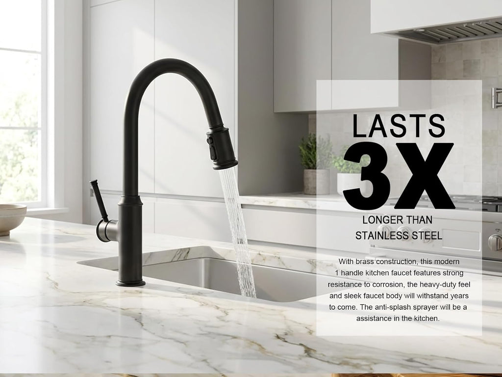 Lava Odoro Curtura Matte Black Kitchen Faucet with Pull-Down Sprayer, Single Handle Kitchen Sink Faucet Black Faucet for Kitchen Sink 1 Hole, Deck Plate Included, 1.8 GPM, KF421-MB