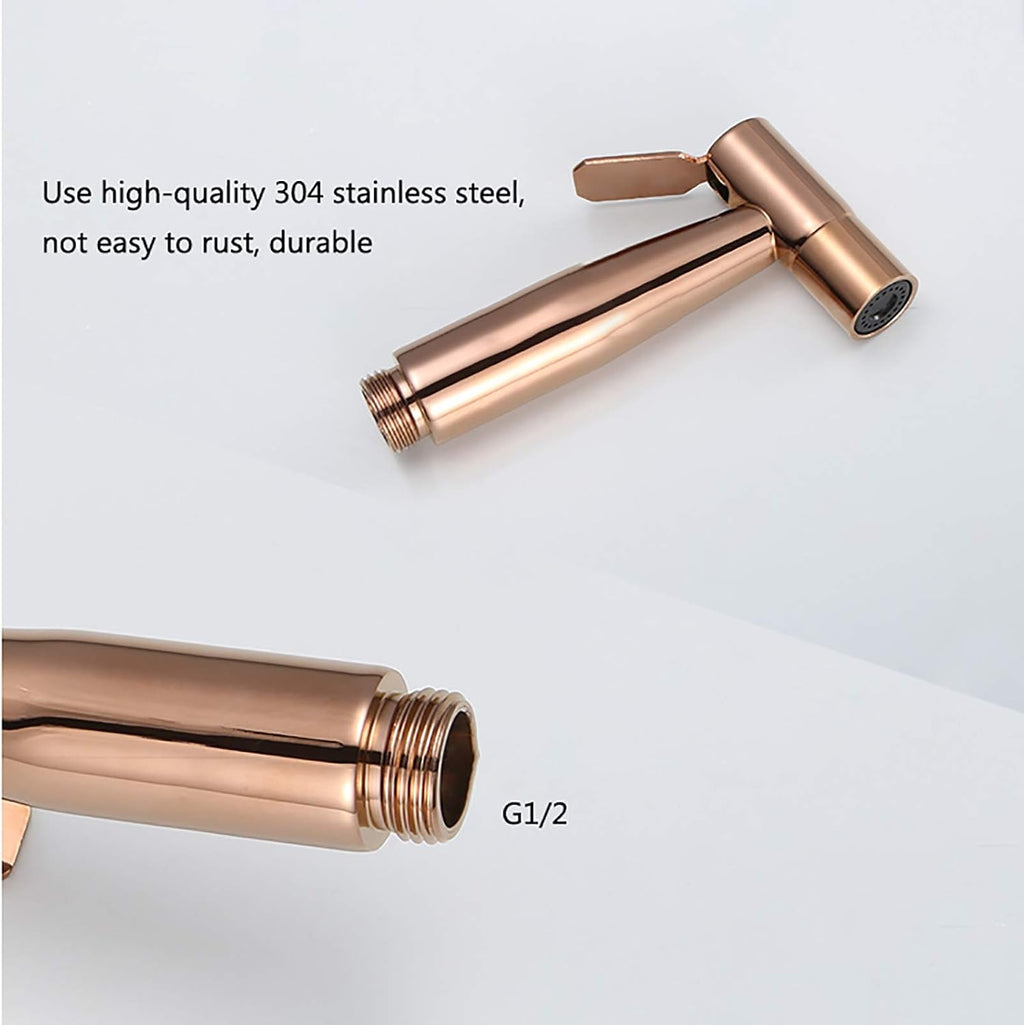 Rose Gold Handheld Bidet Sprayer for Toilet, Brass Bathroom Cloth Diaper Set with Cold and Hot Water, Wall Mounted Kit for Personal Hygiene
