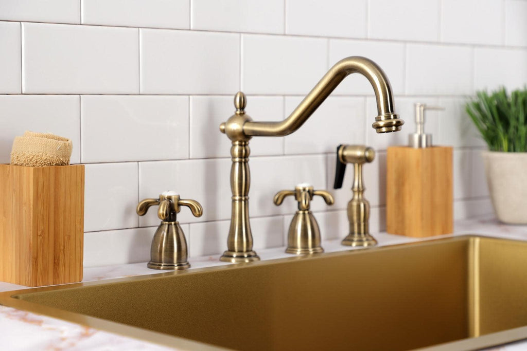 Kingston Brass KB1798TXBS French Country Widespread Kitchen Faucet with Brass Sprayer, Brushed Nickel