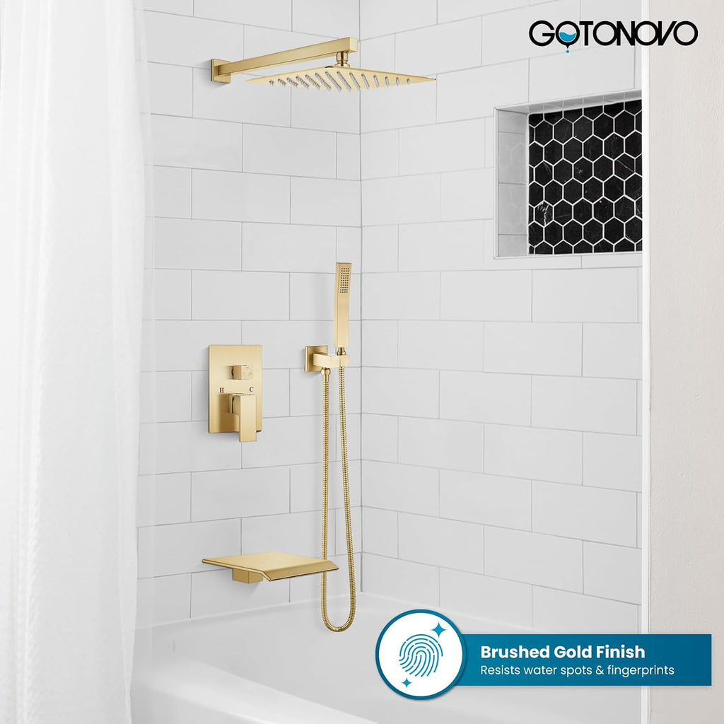 gotonovo 10'' Rain Shower Faucet System Rainfall Shower Head with Handheld Sprayer Waterfall Tub Spout Wall Mounted Mixer Combo Rough-in Valve and Trim Included 7.9 Inch Wide Spout Brushed Gold