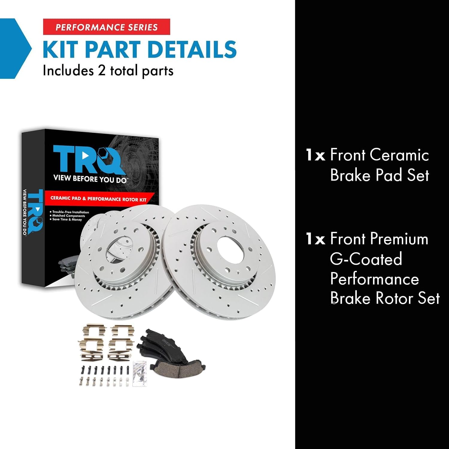 TRQ Performance Front Brake Pad & Rotor Set Ceramic Coated Drilled Solid Rotors Compatible with 02-05 Chevrolet Trailblazer 02-05 GMC Envoy 04-05 Buick Rainier 03-06 Isuzu Ascender 2005 Saab 9-7x