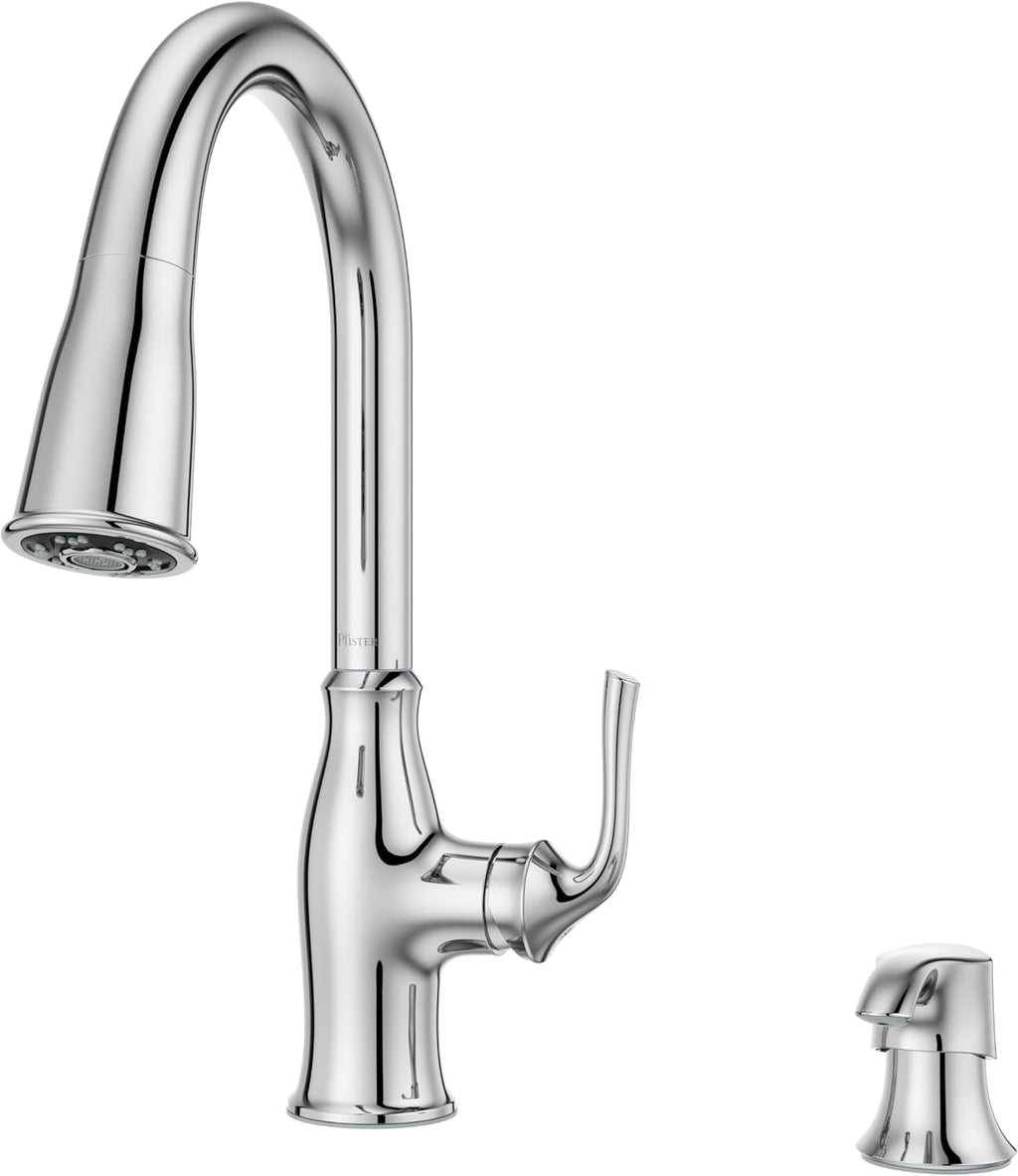Pfister Rosslyn Kitchen Faucet with Pull Down Sprayer and Soap Dispenser, Single Handle, High Arc, NSF Certified, Polished Chrome Finish, F5297RSSRC