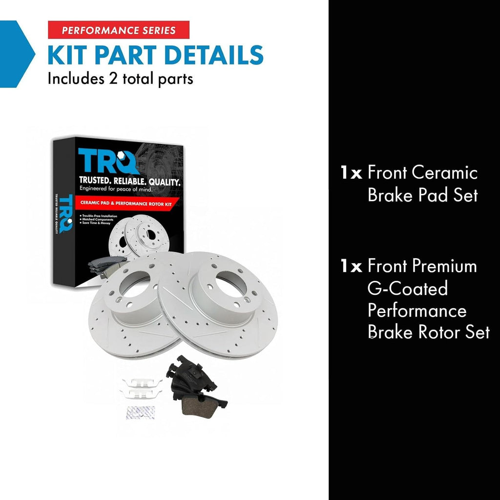 TRQ Performance Front Ceramic Brake Pad and Rotor Set Drilled Slotted Coated Compatible with 14-16 BMW 228i with 312 mm Diameter Front Rotors 17-20 BMW 430i Gran Coupe xDrive 14-18 328d xDrive