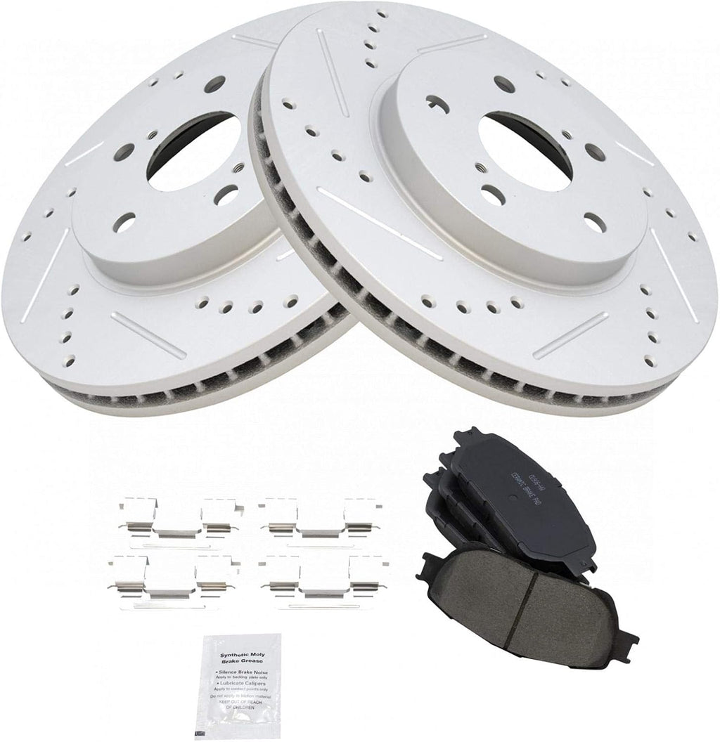 TRQ Performance Front Brake Pad and Rotor Set Ceramic Drilled Slotted Coated Vented Rotors Compatible with 02-03 Lexus ES300 04-10 Toyota Sienna 05-07 Avalon 05-06 Camry 04-08 Solara
