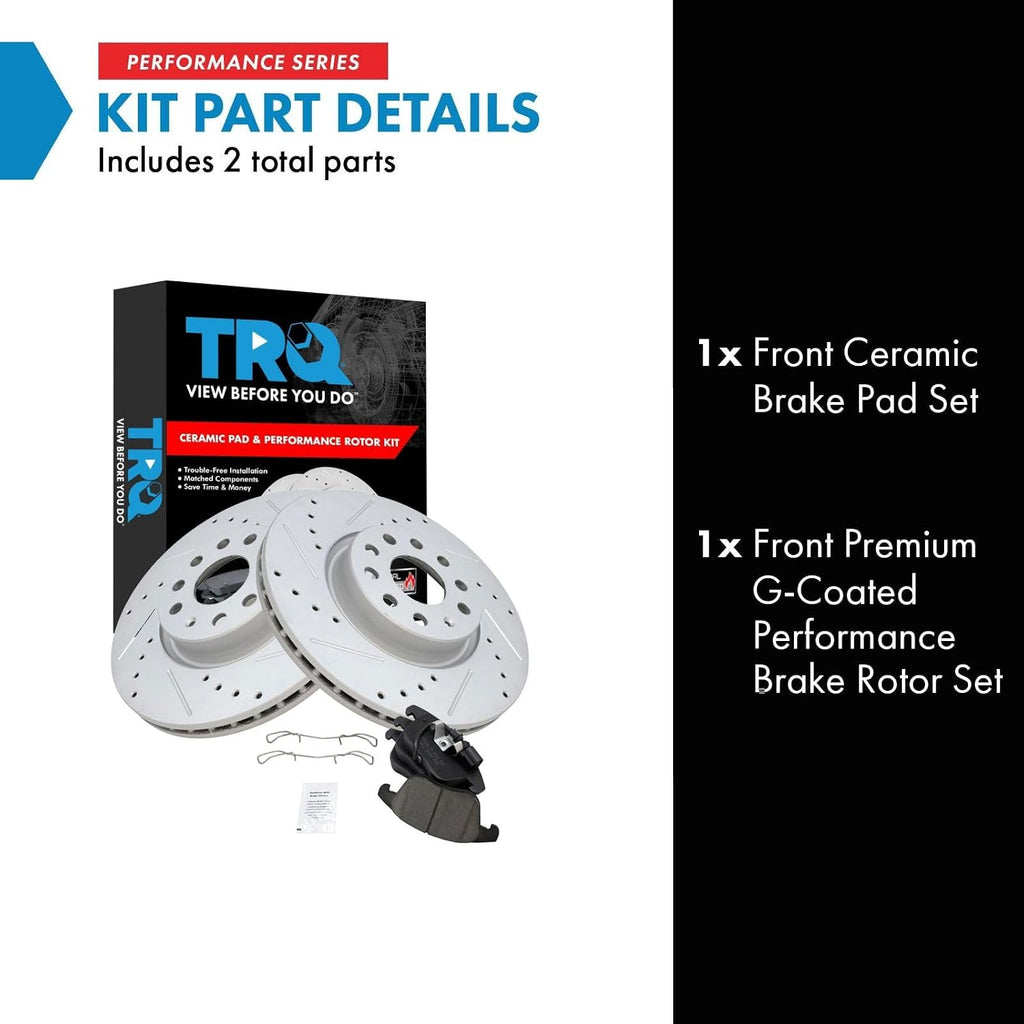 TRQ Performance Front Brake Pad and Rotor Set Ceramic Coated Drilled Slotted Vented Rotors Compatible with 2012-2020 Volkswagen Passat 2009-2018 Tiguan 2018 Tiguan Limited 2015-2018 Audi Q3 Q3 Quattro