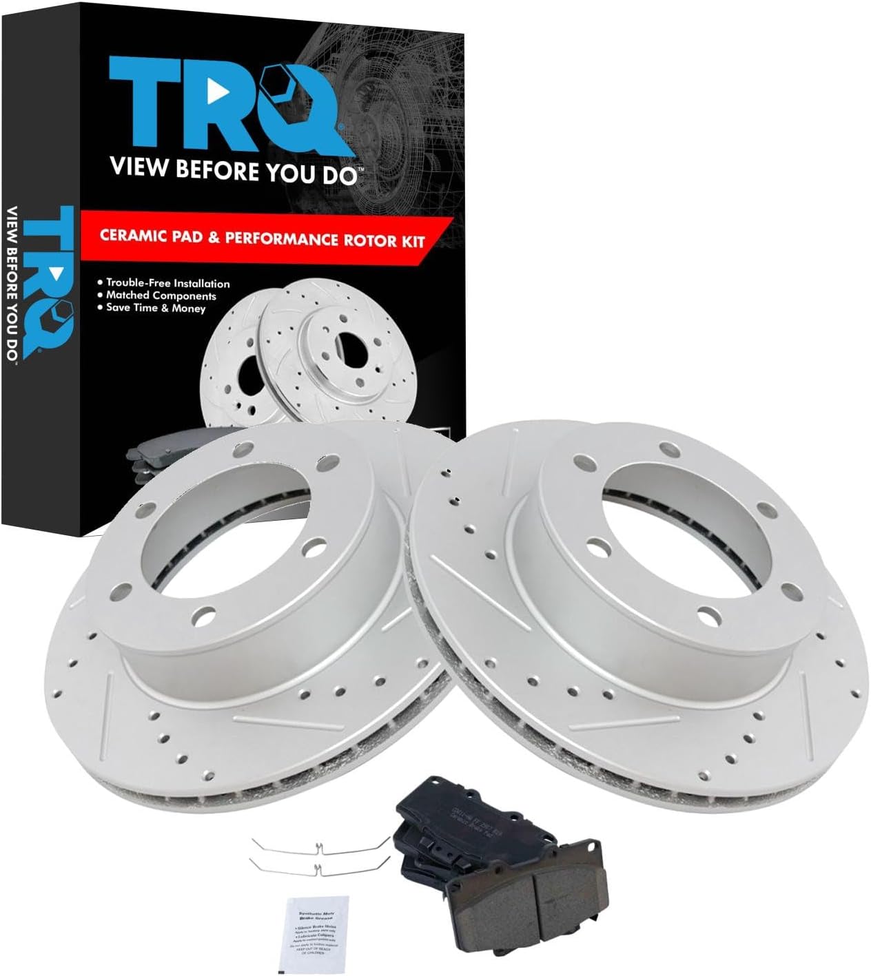 TRQ Performance Front Brake Pad and Rotor Set Ceramic G Coated Drilled Slotted Vented Rotors Compatible with 1996-2000 Toyota 4Runner