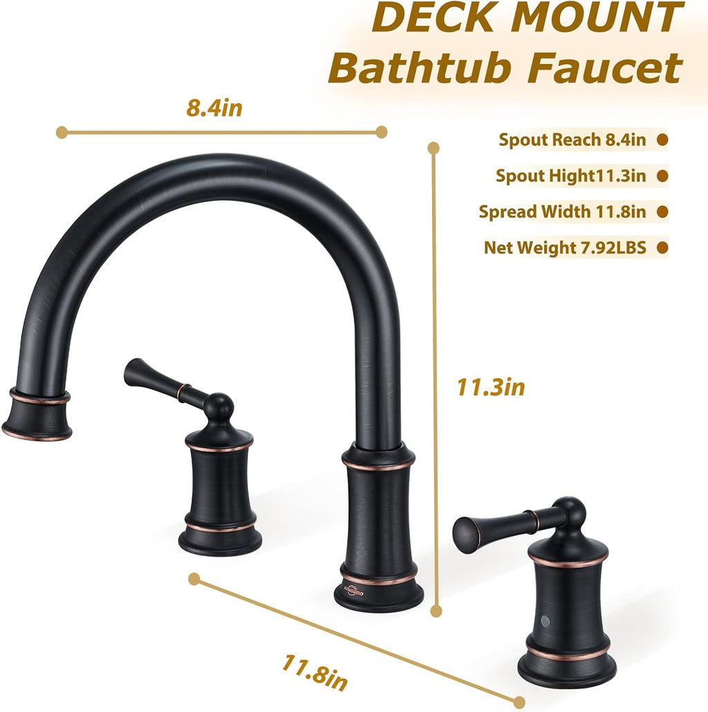 Oil Rubbed Bronze Roman Tub Faucet, Antique Bathtub Faucet Set 3 Hole, High Flow Bath Tub Faucet 12-16 inch Widespread, Solid Brass Tub Filler 2 Handle 360° Swivel Spout Rough-in Valve(B2307-ORB)