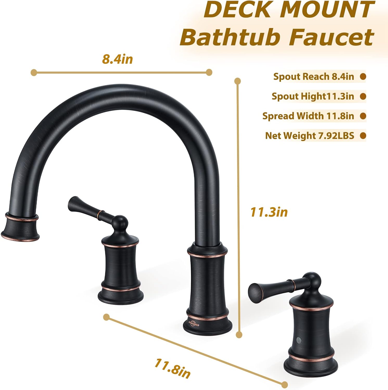 Oil Rubbed Bronze Roman Tub Faucet, Antique Bathtub Faucet Set 3 Hole, High Flow Bath Tub Faucet 12-16 inch Widespread, Solid Brass Tub Filler 2 Handle 360° Swivel Spout Rough-in Valve(B2307-ORB)