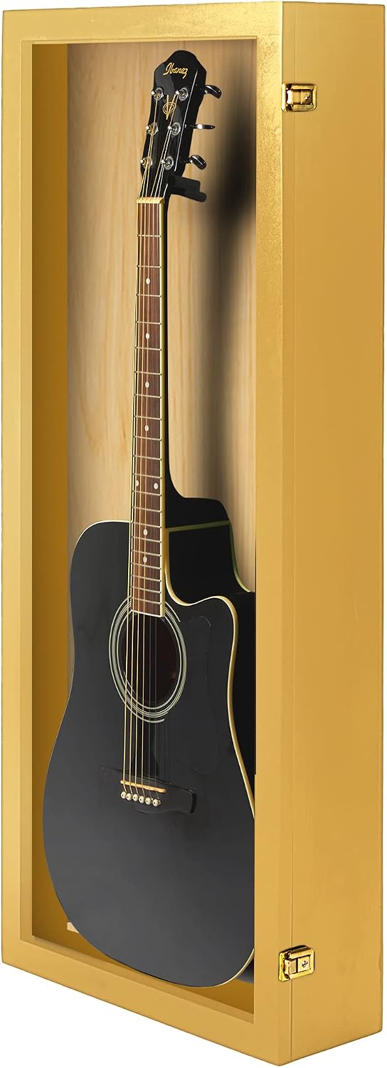 PENNZONI Acoustic Guitar Display Case - Acrylic Acoustic Guitar Case - Guitar Display Case Wall Mount Made from Hardwood Frame & Clear Acrylic - Golden Oak w/No Felt
