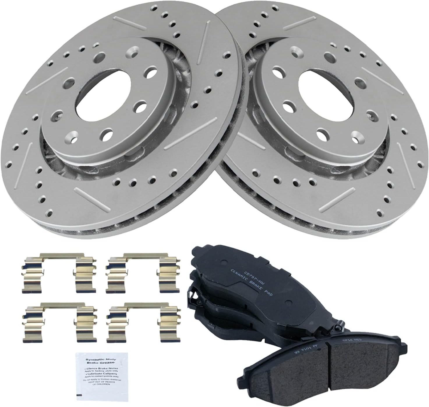 TRQ Performance Front Ceramic Brake Pad and Rotor Set Coated Drilled Slotted Compatible with 2004-2011 Chevrolet Aveo 2007-2011 Chevrolet Aveo5 2013-2015 Spark 2009 Pontiac G3