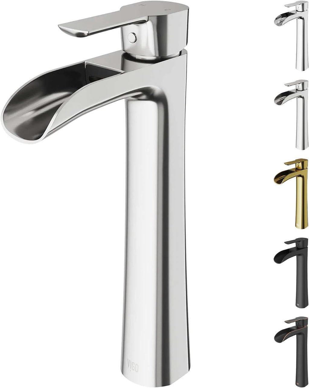 VIGO Niko Waterfall Single-Handle Single-Hole Mount Vessel Bathroom Sink Faucet, 11-Inch, Brushed Nickel, Modern Design, Solid Brass, 1.2 GPM WaterSense & Ceramic Disc Valve - VG03024BN