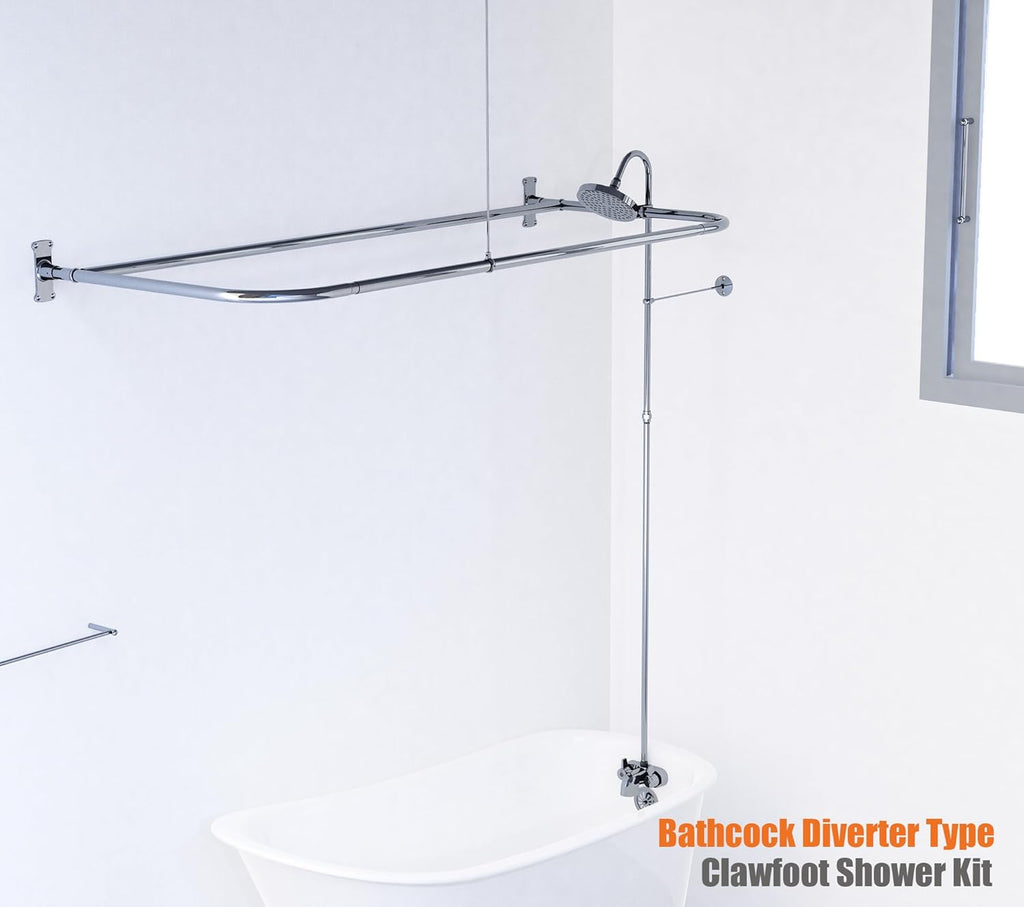 Clawfoot Tub Shower Kit,Add On Shower With Bathcock Diverter Faucet and 60' D Type Claw foot Tub Shower Curtain Rod Kit,D-Style Shower Rod and Clawfoot Tub Shower Faucet Set,Chrome Plated