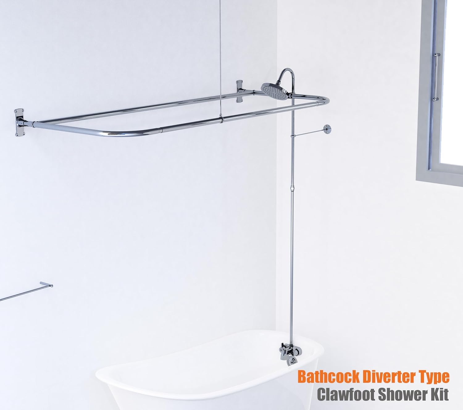 Clawfoot Tub Shower Kit,Add On Shower With Bathcock Diverter Faucet and 60' D Type Claw foot Tub Shower Curtain Rod Kit,D-Style Shower Rod and Clawfoot Tub Shower Faucet Set,Chrome Plated