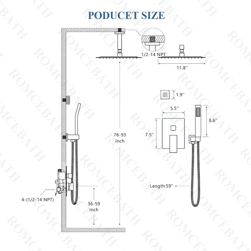 Rain Shower System With Complete 6 Pcs Body Sprays Jets And Pressured Balance Rough-in Valve,12Inch Rainfall Shower Head And Handheld, Modern Brushed Gold Ceiling Mount Shower Faucets Sets