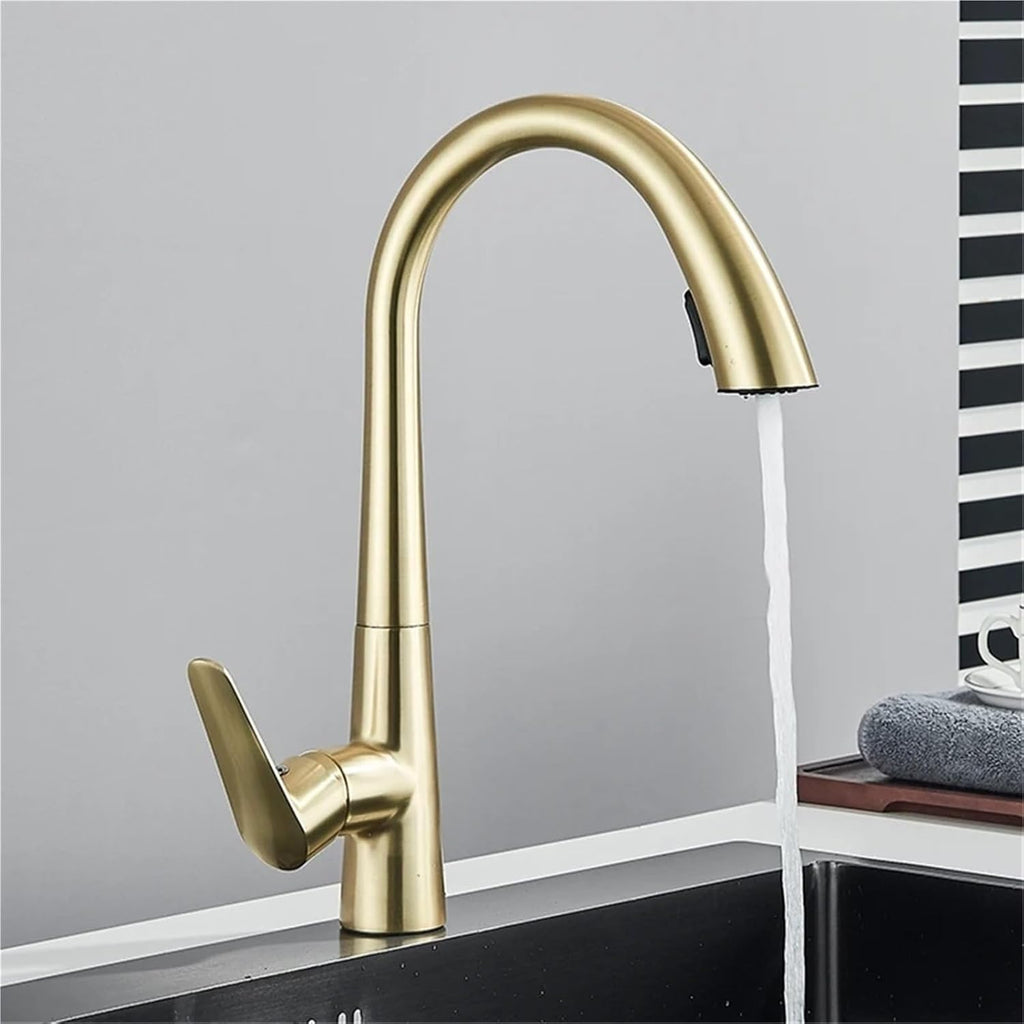 Kitchen Faucet Single Handle Pull Out Mixer Hot and Cold Water Taps Deck Mounted 360 Rotation Mixer Tap(Brushed Gold)