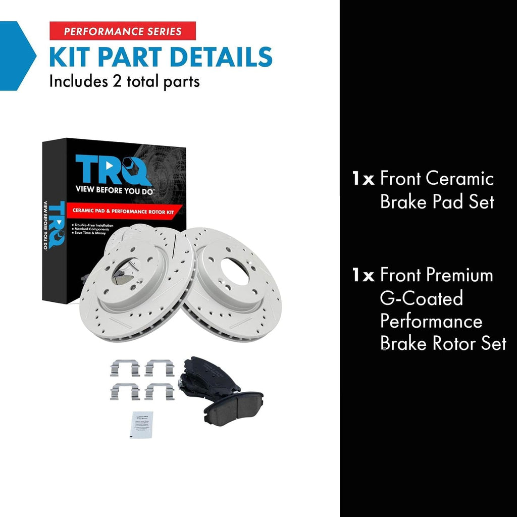 TRQ Performance Front Brake Pad and Rotor Set Ceramic Drilled Slotted G Coated Vented Rotors Compatible with 2007-2010 Hyundai Elantra