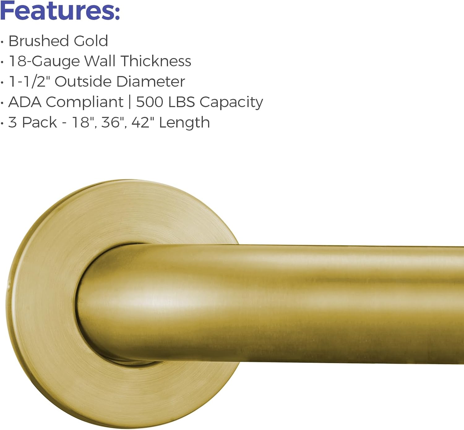 Stardrix Grab Bar Bundle for ADA Compliance, Brushed Gold Stainless Steel Grab Bar Set for Commercial and Residential Restrooms, 1.5' Diameter - 18', 36', 42' - Pack of 3