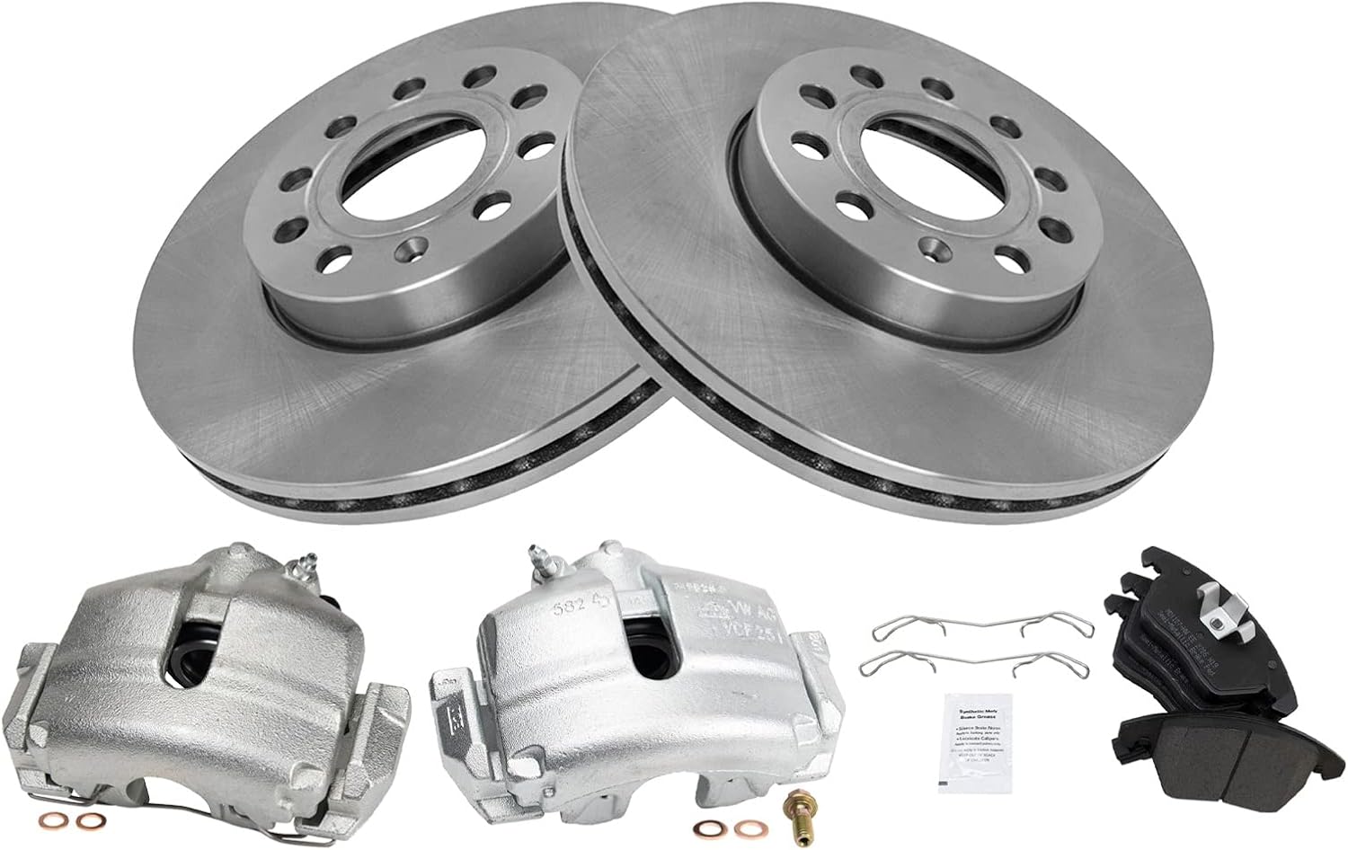 TRQ Front Brake Pad and Rotor Set Semi Metallic Vented Rotors Calipers Compatible with 2005-2015 Volkswagen Jetta 2010-2014 Golf 2006-2009 Rabbit 2012-2019 Beetle 2010 Audi A3