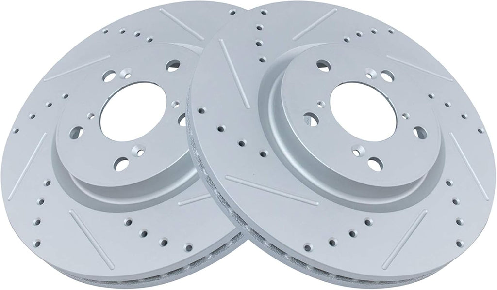 TRQ Performance Front Brake Pad and Rotor Set Ceramic Coated Drilled Slotted Vented Rotors Compatible with 2009-2014 Acura TL