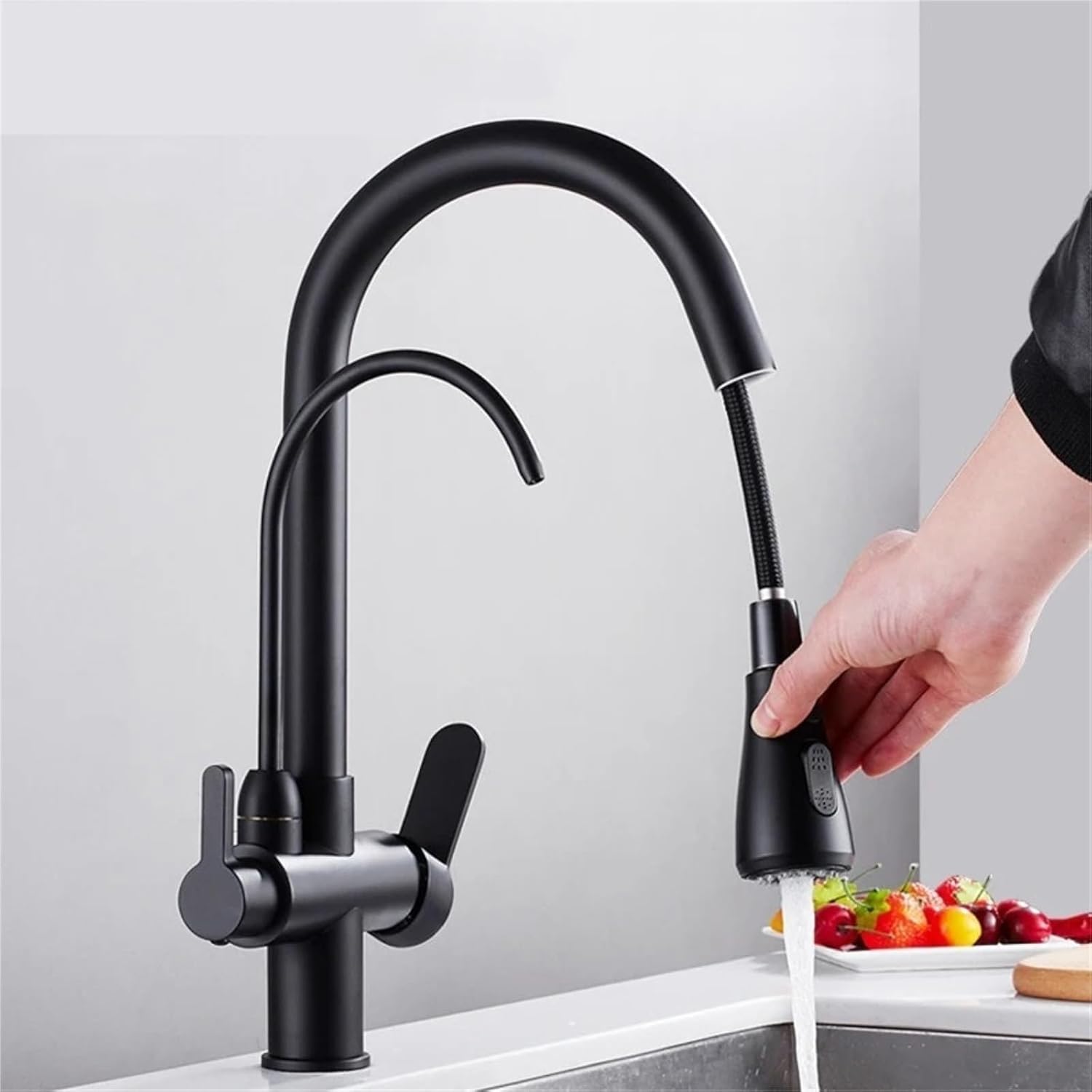 Filter Kitchen Faucet Brass Kitchen Faucet with Pure Water Pull Out Rotatble Hot Cold(Matte Black)