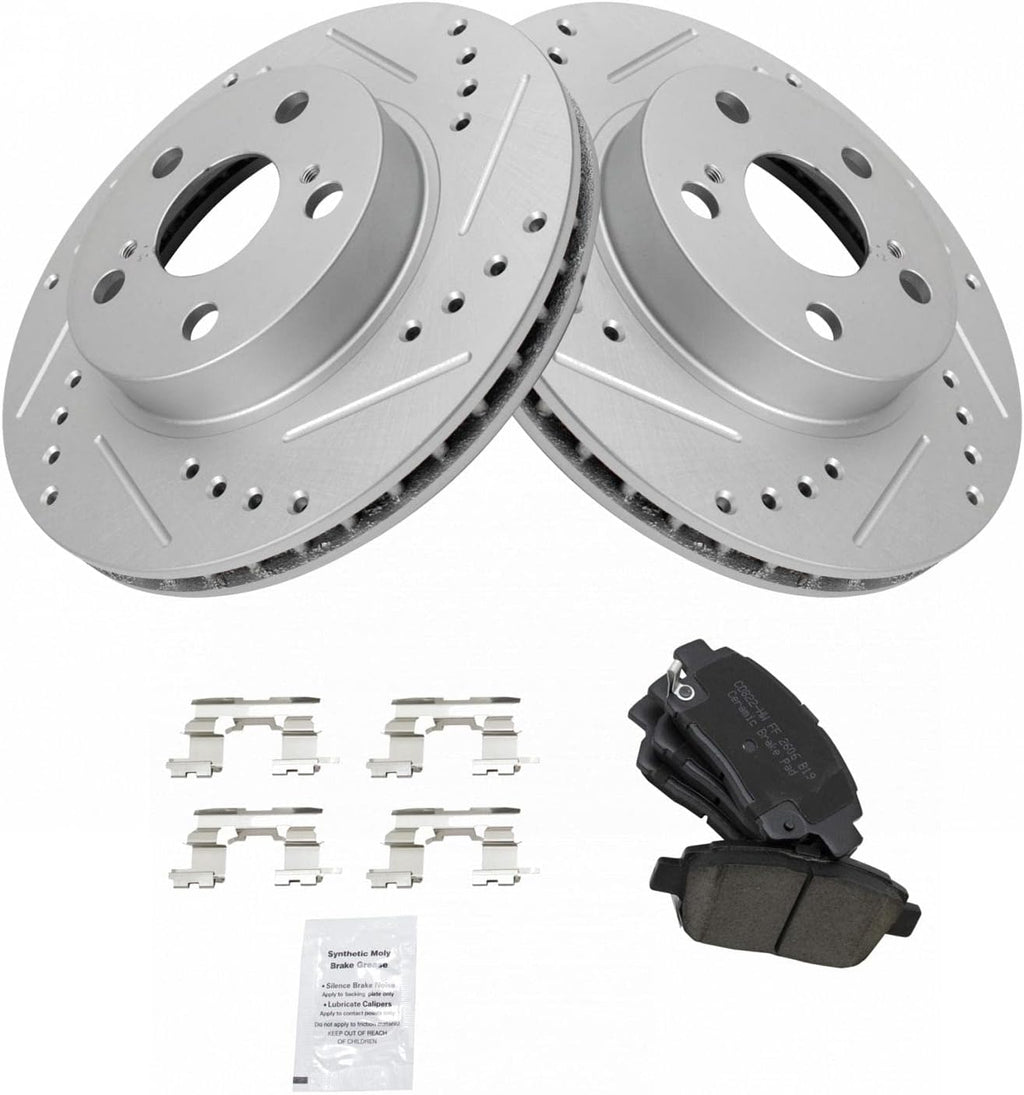 TRQ Performance Front Brake Pad and Rotor Set Ceramic Drilled Slotted Coated Rotors Compatible with 2004-2009 Toyota Prius