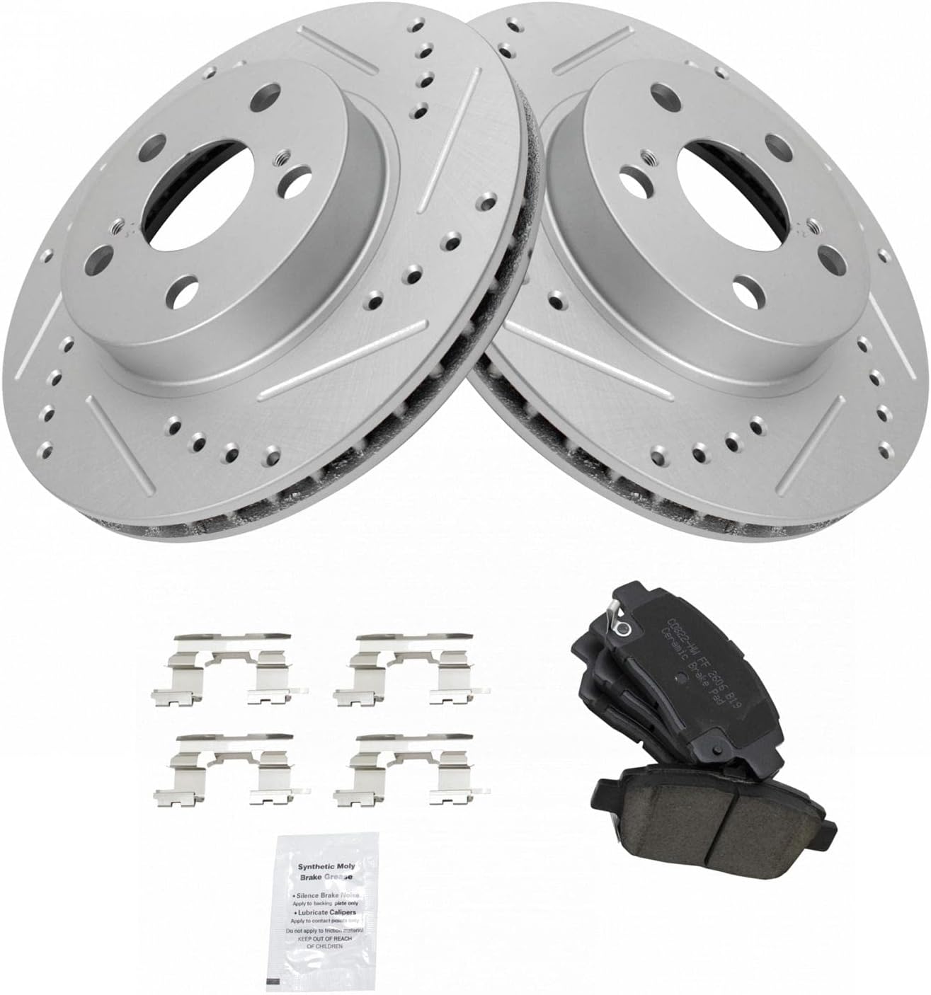 TRQ Performance Front Brake Pad and Rotor Set Ceramic Drilled Slotted Coated Rotors Compatible with 2004-2009 Toyota Prius