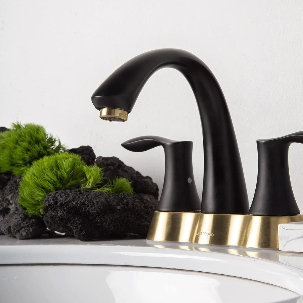 Black and Gold Bathroom Faucet, Lava Odoro 2 Handle 4 Inch Centerset Bathroom Sink Faucet Vanity Faucet with Pop up Drain Assembly Supply Line, BF423-BG