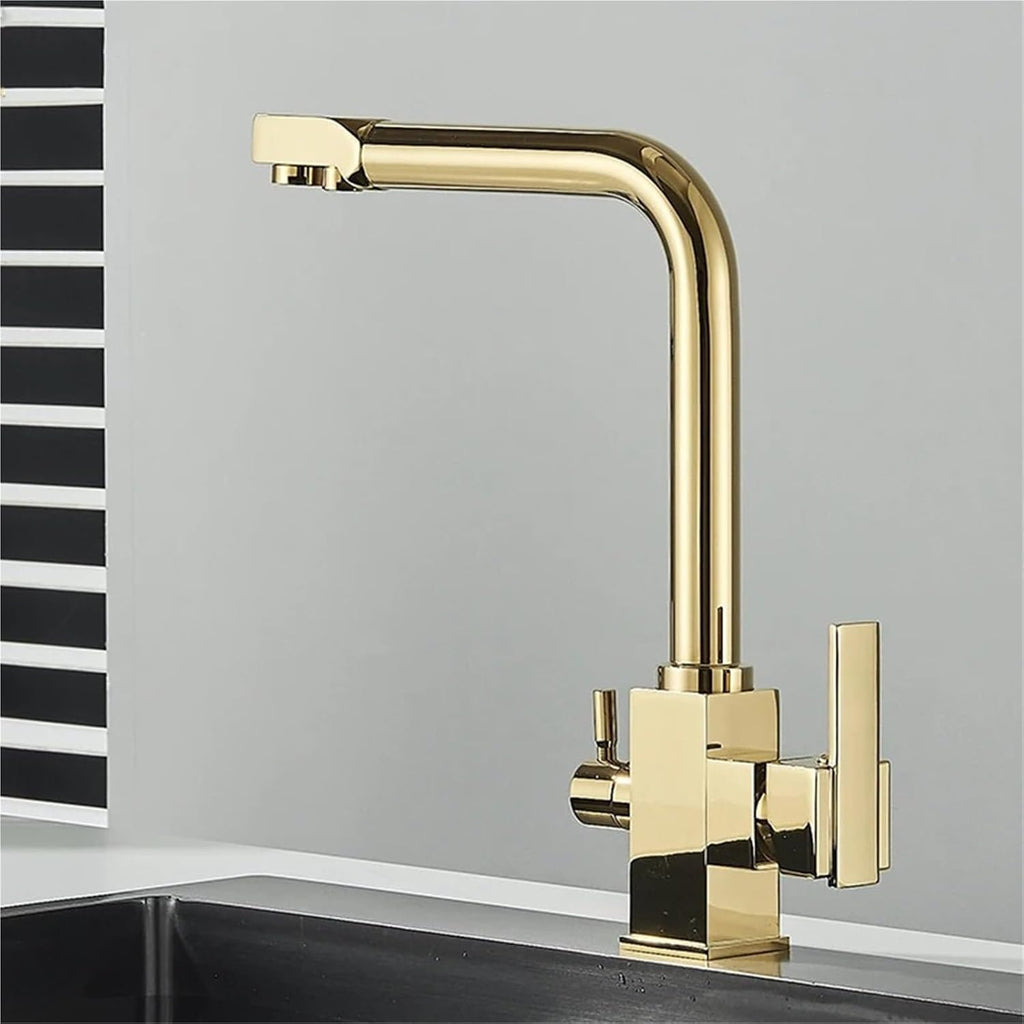 Filtered Water Faucet with Dual Outlet Kitchen Purified Water Hot and Cold Faucet Vegetable Basin Sink Tap(Gold)