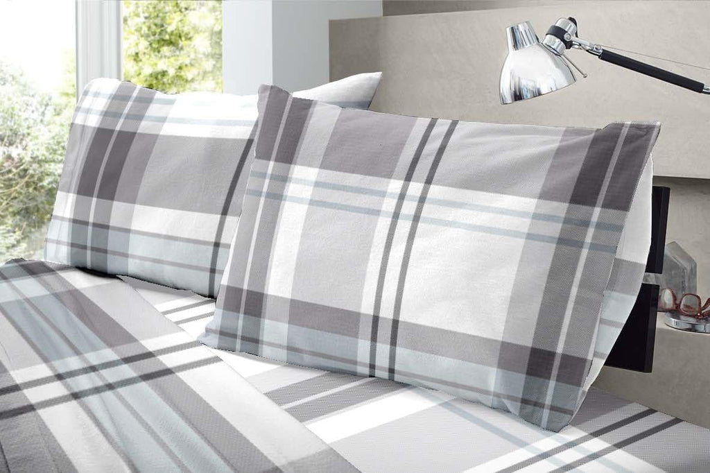 Dormisette Luxury German Flannel Sheets & Pillowcases Set, Warm Breathable Cotton Flannel Bedding with Deep Pockets, Brushed for Extra Softness, Oeko-Tex (Blue/Gray Plaid, King)