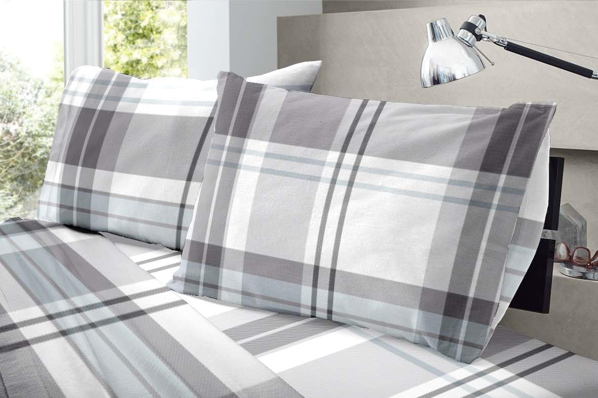 Dormisette Luxury German Flannel Sheets & Pillowcases Set, Warm Breathable Cotton Flannel Bedding with Deep Pockets, Brushed for Extra Softness, Oeko-Tex (Blue/Gray Plaid, King)