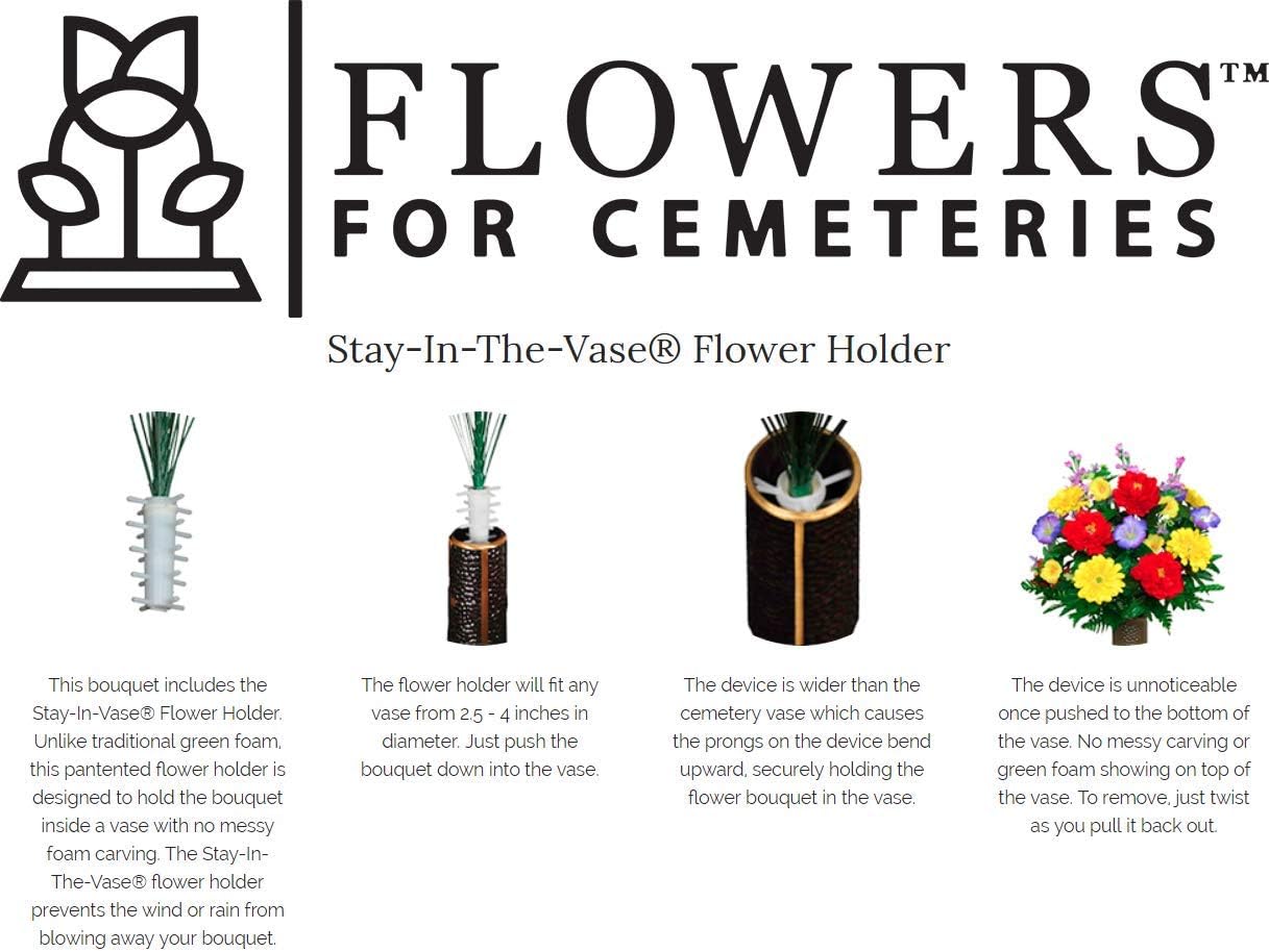 Sympathy Silks Artificial Cemetery Flowers - Grave Flower Holder - Purple Iris, Yellow Mum, Pink Daisy - (1) Headstone Flower Saddle & (2) Matching Bouquets