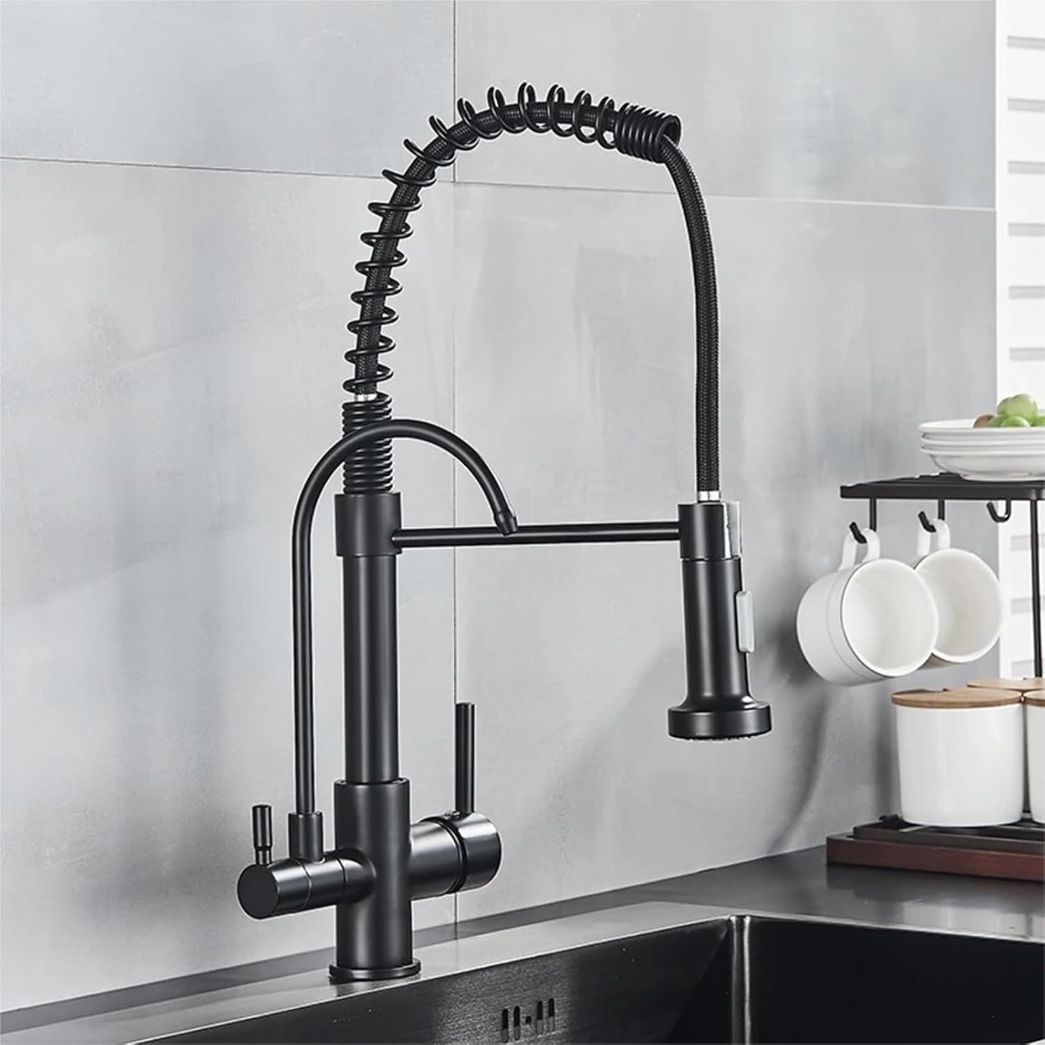 Filtered Faucet Purified Water Faucet for Kitchen Double Handles Single Hole Cold Hot Water Mixer Taps(Matte Black)