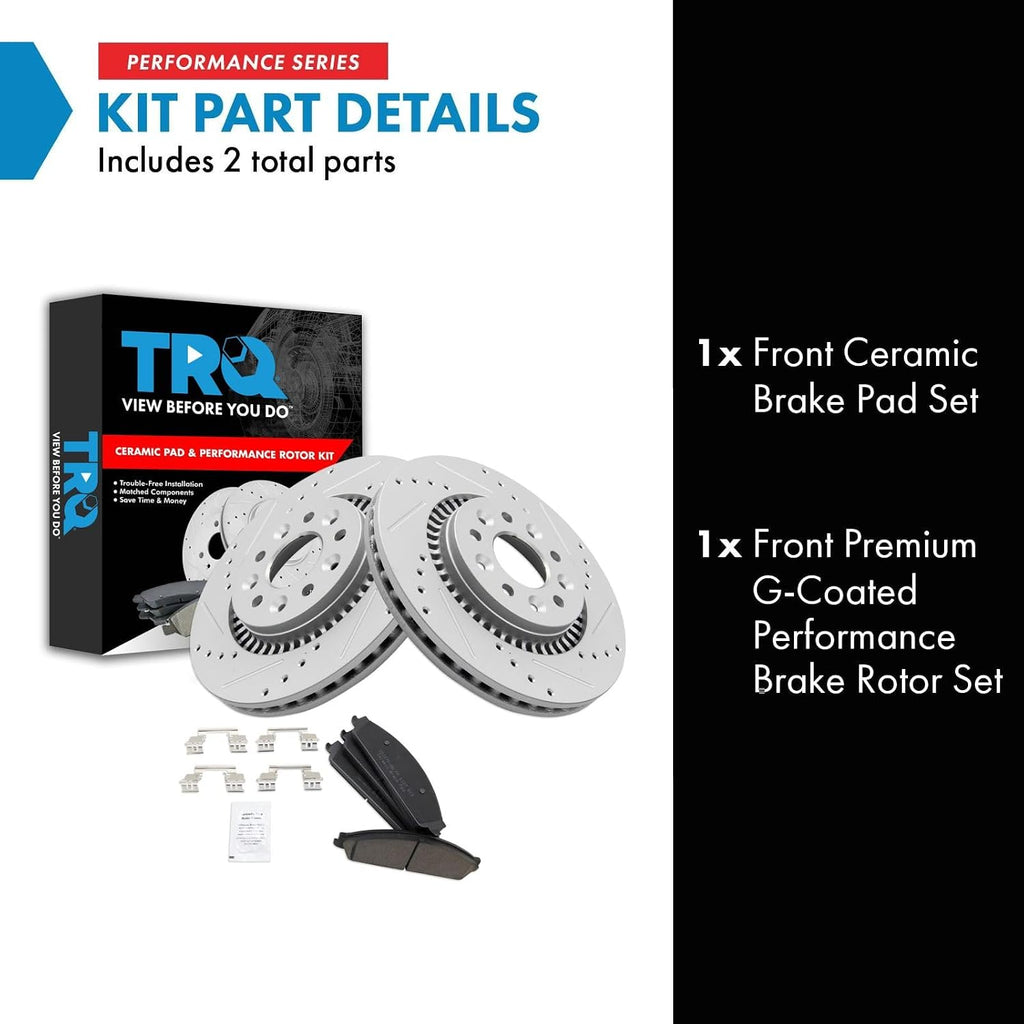 TRQ Performance Front Brake Pad and Rotor Set Ceramic Coated Drilled Slotted Rotors Compatible with 05-07 Ford Five Hundred Freestyle 08-09 Taurus Taurus X 05-07 Mercury Montego 08-09 Sable
