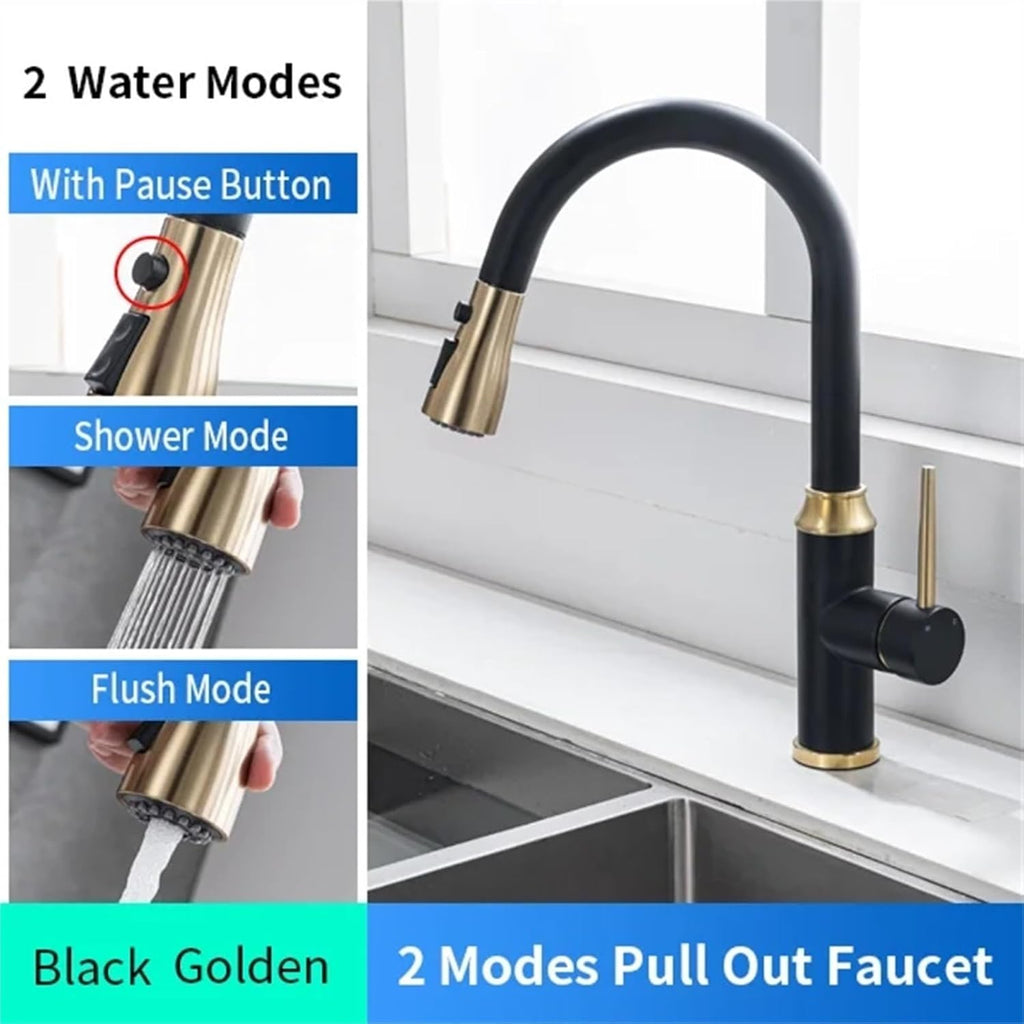 Kitchen Pull-Out Telescopic Faucet Hot and Cold Water Tank Mixing Valve Black Gold Kitchen Faucet(Golden)