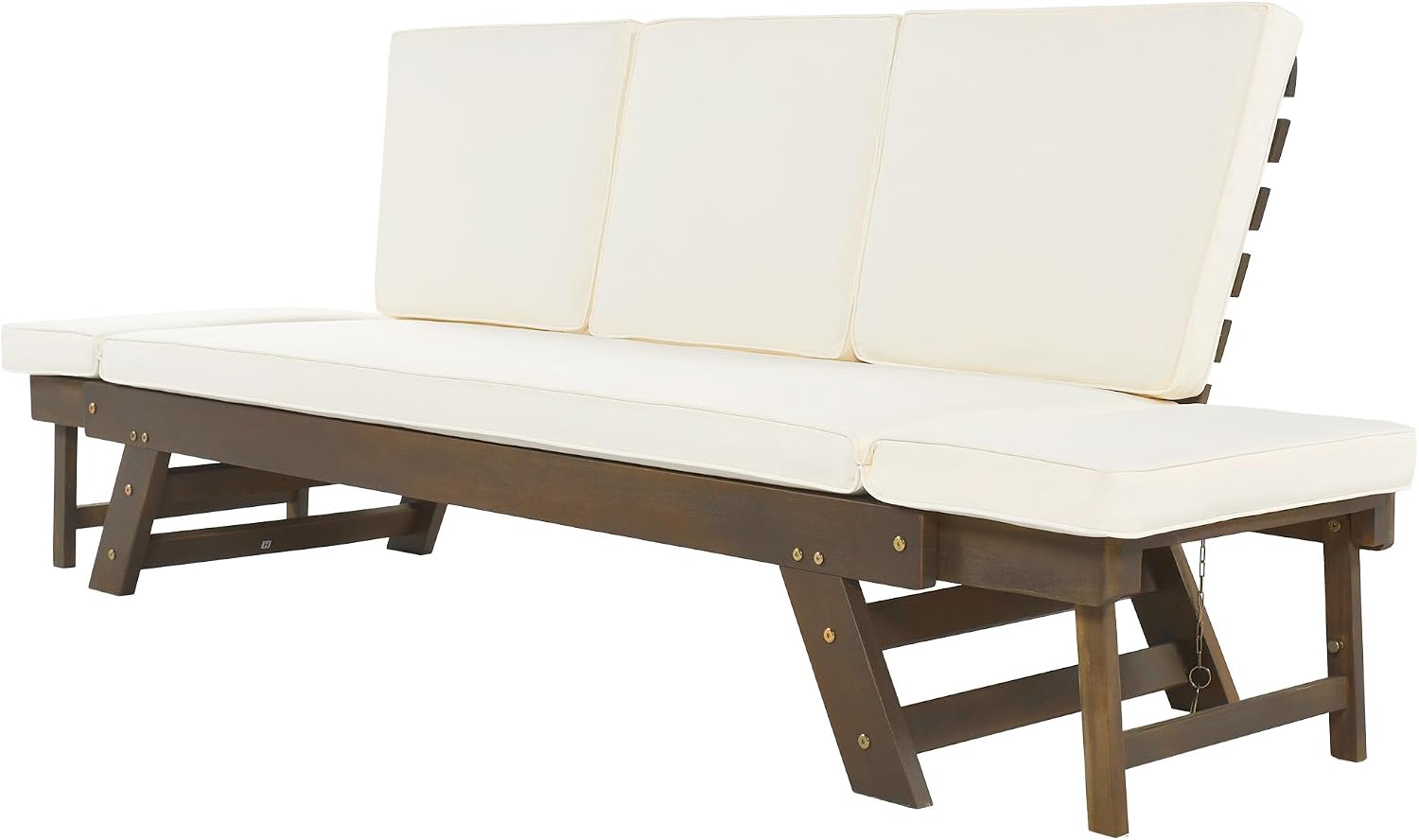Outdoor Adjustable Patio Wooden Daybed Sofa Chaise Lounge with Cushions for Small Places Porch Lawn Garden Backyard Poolside (Brown Finish+Beige Cushion-02)
