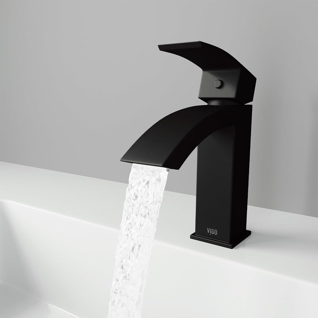 VIGO Satro Waterfall Single-Handle Single-Hole Mount Bathroom Sink Faucet, 7-Inch, Matte Black, Modern Design, Solid Brass, 1.2 GPM WaterSense & Ceramic Disc Valve, Corrosion-Resistant