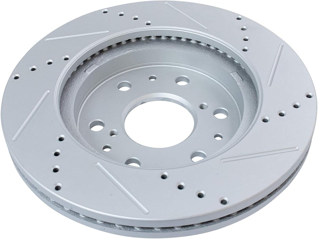 TRQ Performance Front Ceramic Brake Pad and Rotor Set Coated Drilled Slotted Compatible with 2008-13 Chevrolet Silverado 1500 2009-14 Chevrolet Tahoe 2013-19 Cadillac XTS with Heavy Duty Brakes