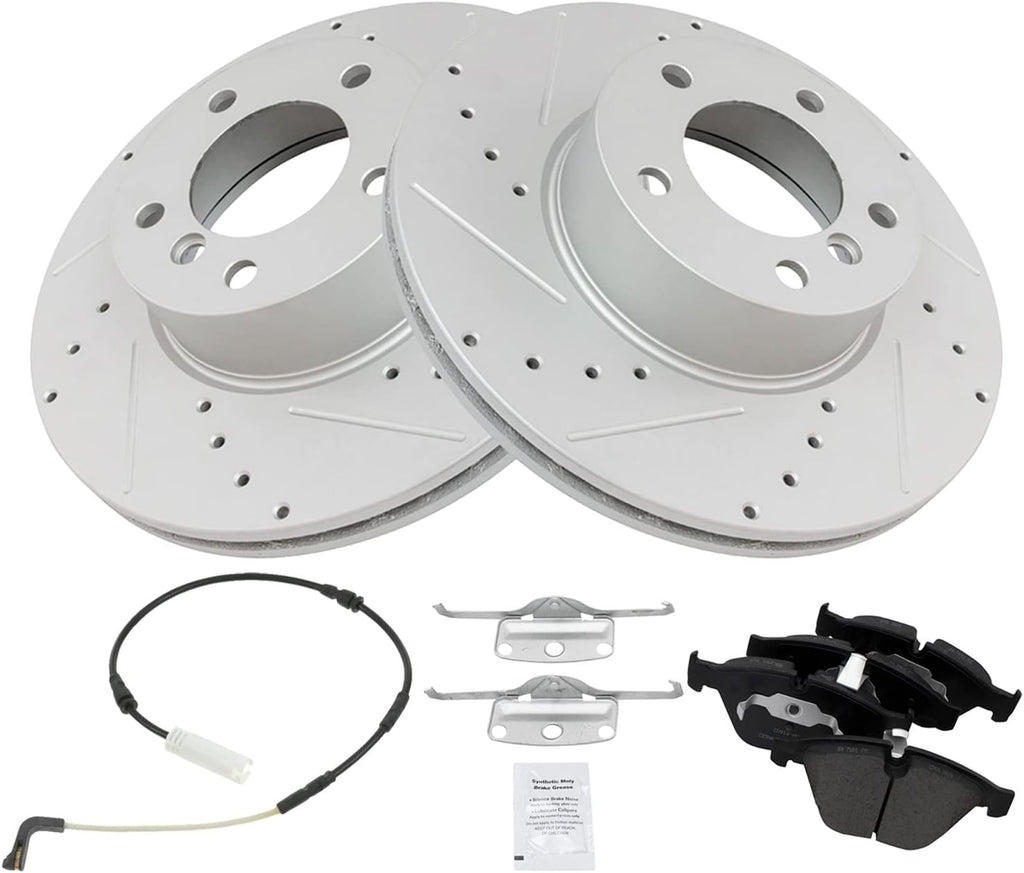 TRQ Performance Front Brake Pad and Rotor Set Ceramic Coated Drilled Slotted Wear Sensor Compatible with 2010 BMW 328i 2010 328i xDrive