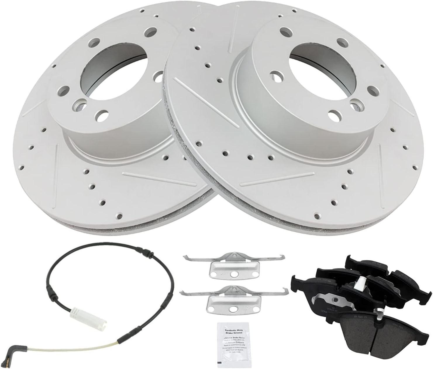TRQ Performance Front Brake Pad and Rotor Set Ceramic Coated Drilled Slotted Wear Sensor Compatible with 2010 BMW 328i 2010 328i xDrive