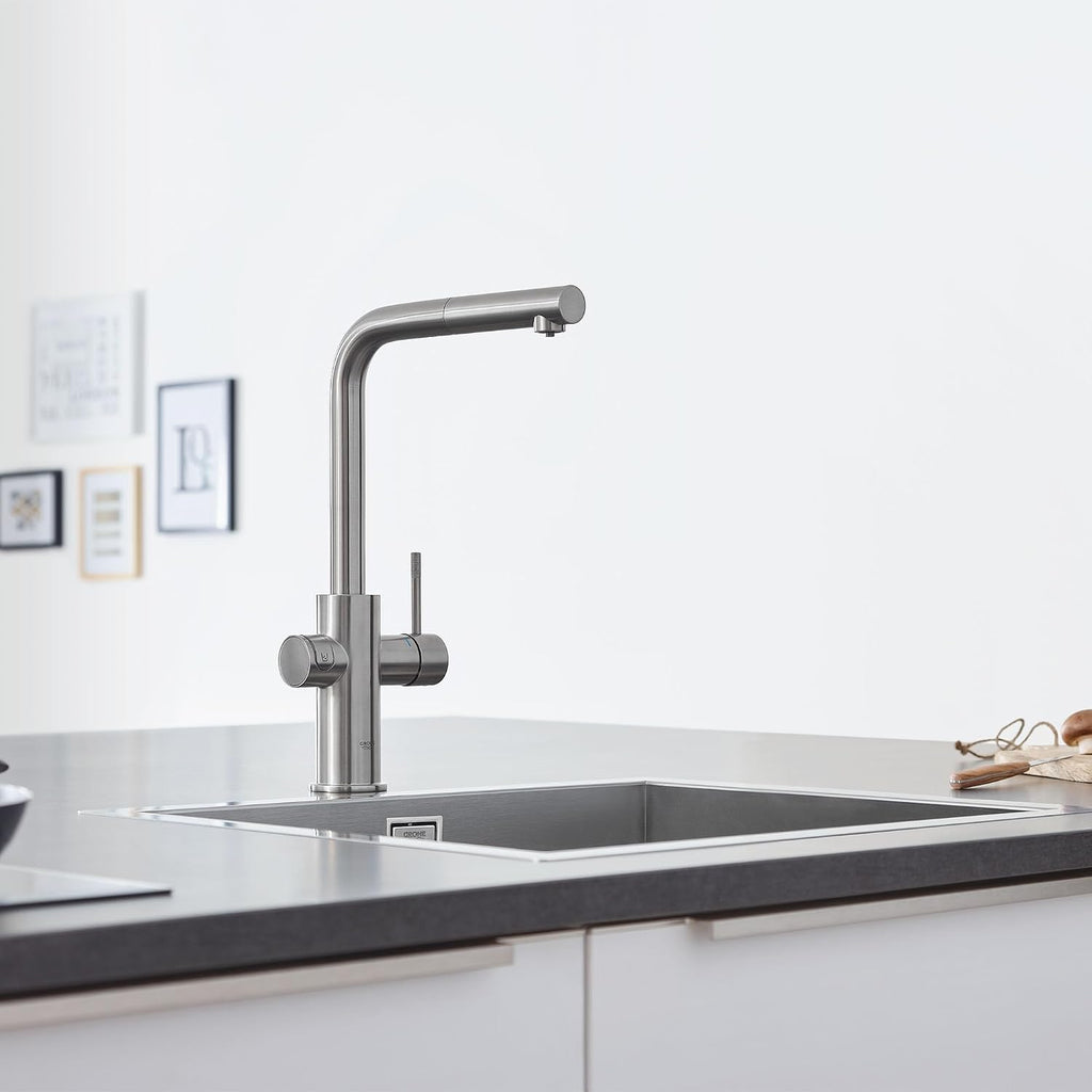 GROHE 31608DC2 Blue Single-Handle Pull-Out Kitchen Faucet Single Spray with Chilled & Sparkling Water, 1.75 GPM, Supersteel