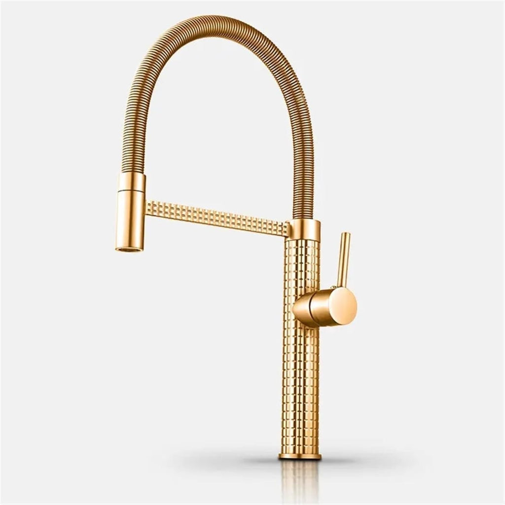 Carving Body Pull Out Kitchen Faucet Mixer Deck-Mount Sink Cold Hot Water Taps(Gold)
