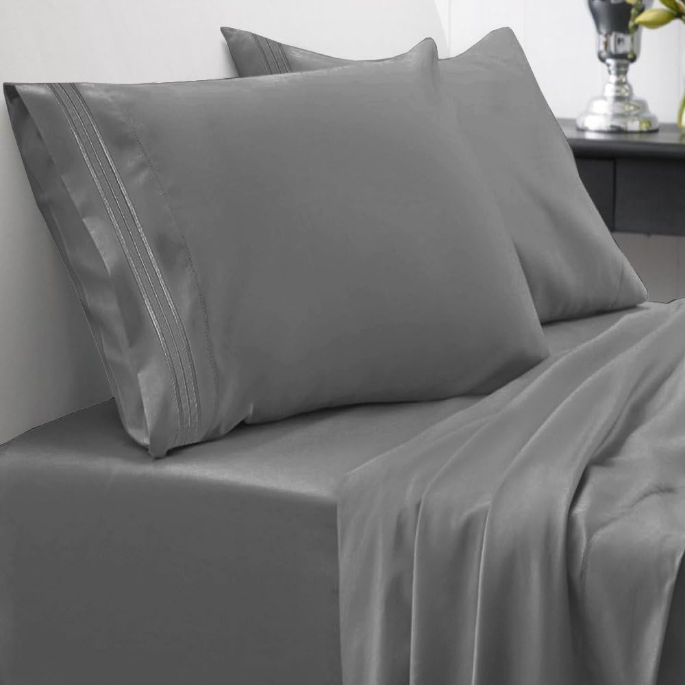 Sweet Home Collection 1800 Thread Count 21 inch Extra DEEP Pocket Sheet Soft Egyptian Quality Brushed Microfiber Luxury Bedding Set with Flat, Fitted, 2 Pillow Cases, King, Gray (Pack of 6)