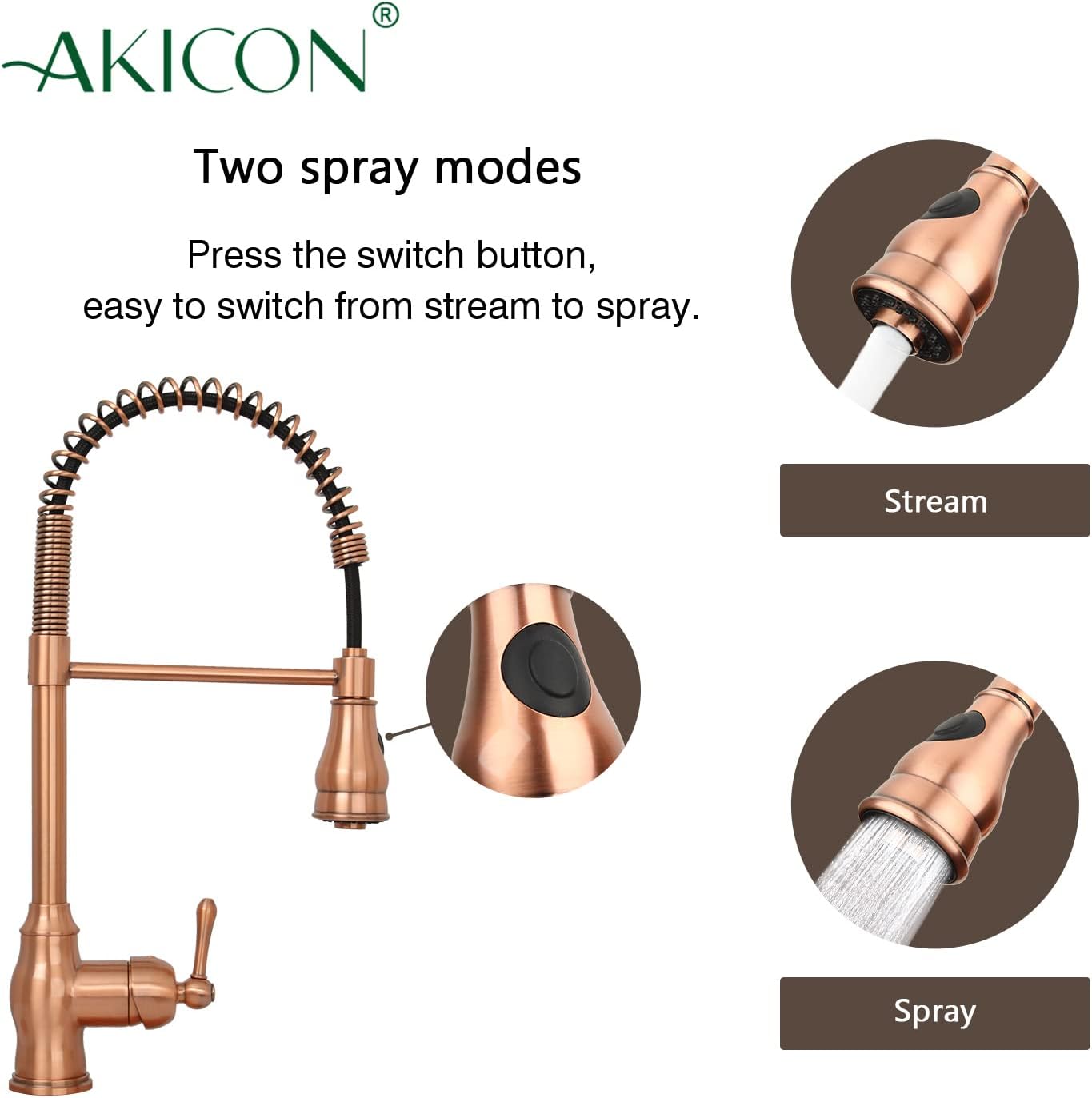 Akicon Copper Kitchen Faucet with Soap Dispenser, Single Handle Solid Brass High Arc Pull Down Sprayer Head Kitchen Sink Faucets with Deck Plate AK96518
