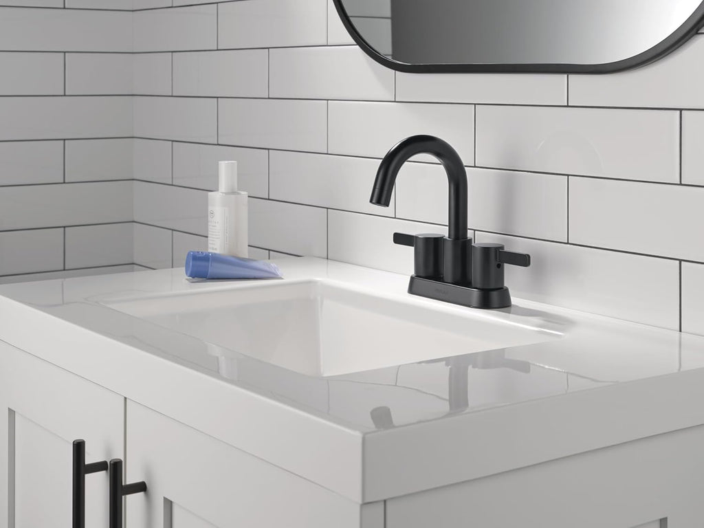 Peerless Precept Centerset Bathroom Faucet, Matte Black 3-Hole Bathroom Faucet, Bathroom Sink Faucet, Push-Pop Drain Assembly, Matte Black P2530LF-BL