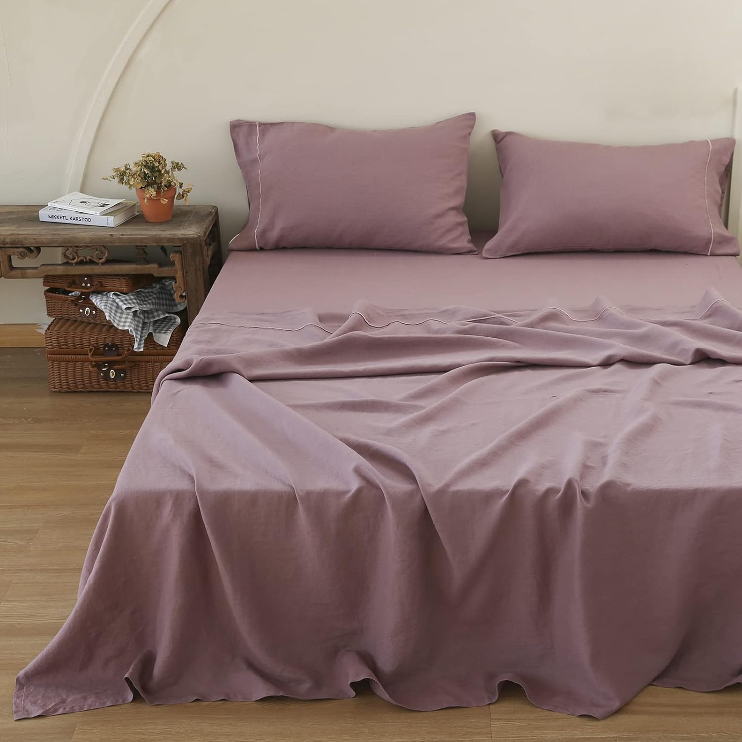 Simple&Opulence 100% Linen Sheet Set with Embroidery Washed - 4 Pieces (1 Flat Sheet & 1 Fitted Sheet & 2 Pillowcases) Natural Flax Soft Bedding Breathable Farmhouse - Purple, King Size