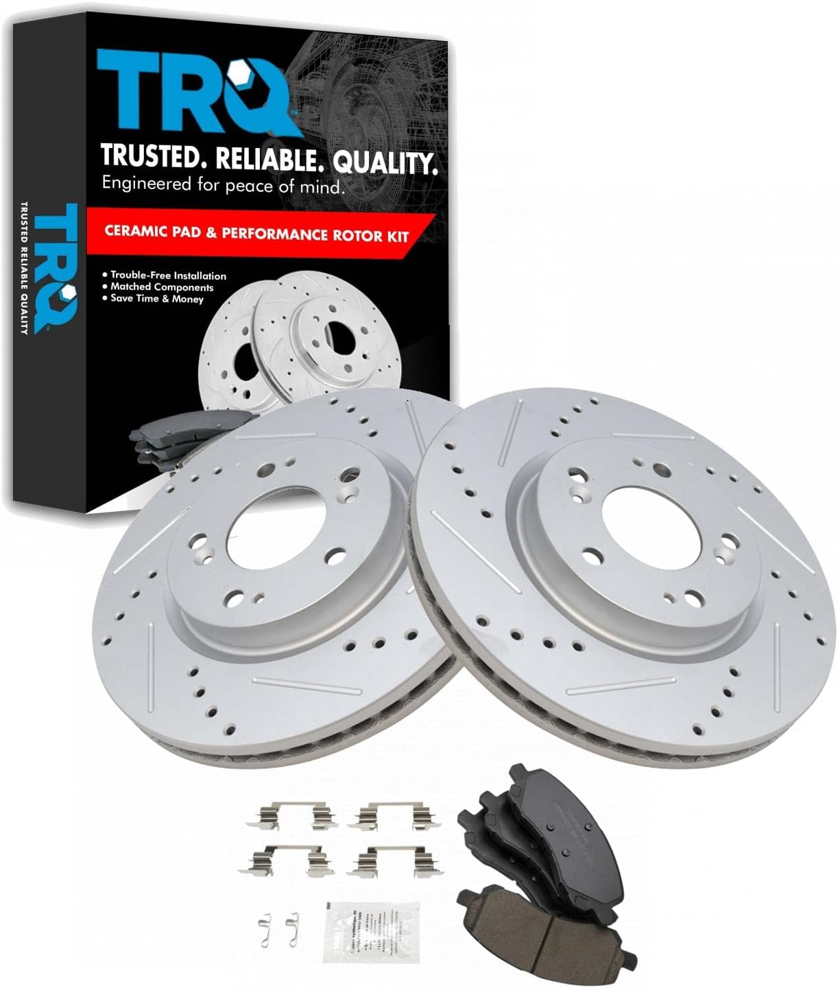TRQ Performance Front Brake Pad and Rotor Set Ceramic Coated Drilled Slotted Compatible with 2017 Jeep Compass Patriot