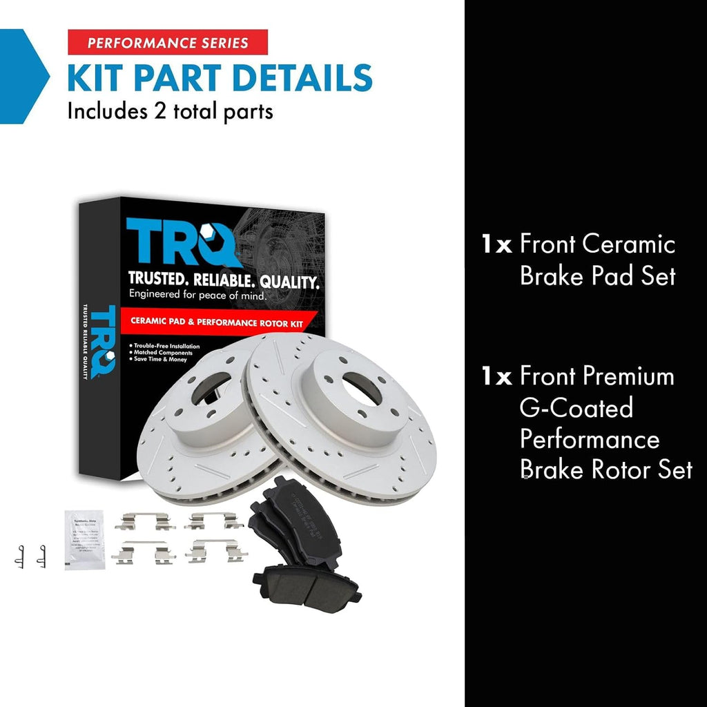 TRQ Performance Front Brake Pad and Rotor Set Ceramic Coated Drilled Slotted Vented Rotors Compatible with 1998-2002 Subaru Forester 1998-2001 Impreza 1997-2002 Legacy 2000 Outback